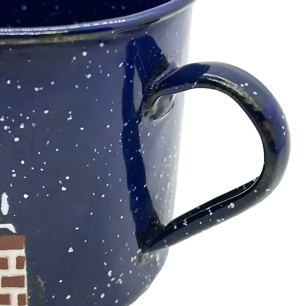 Coffee Mug Blue Speckled Enamel Graniteware Man BBQ Cooking Brick Oven Decor